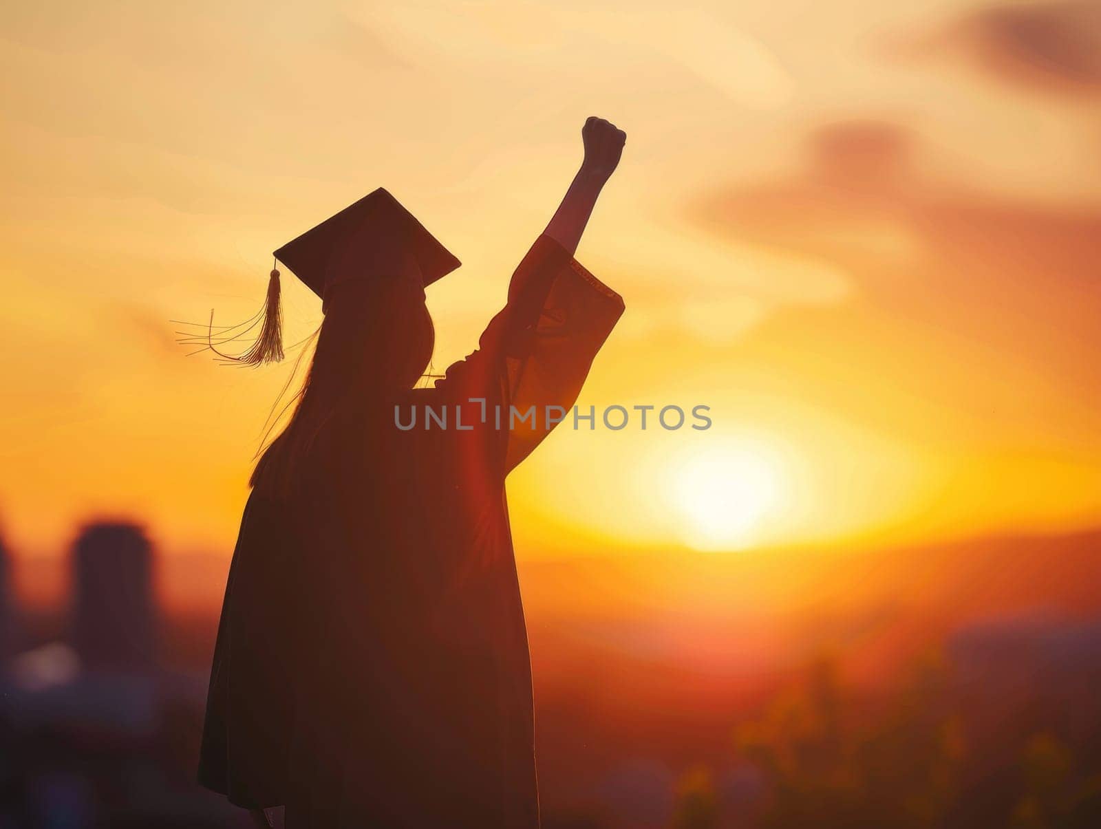 A woman in a graduation cap and gown is standing in front of a sunset.