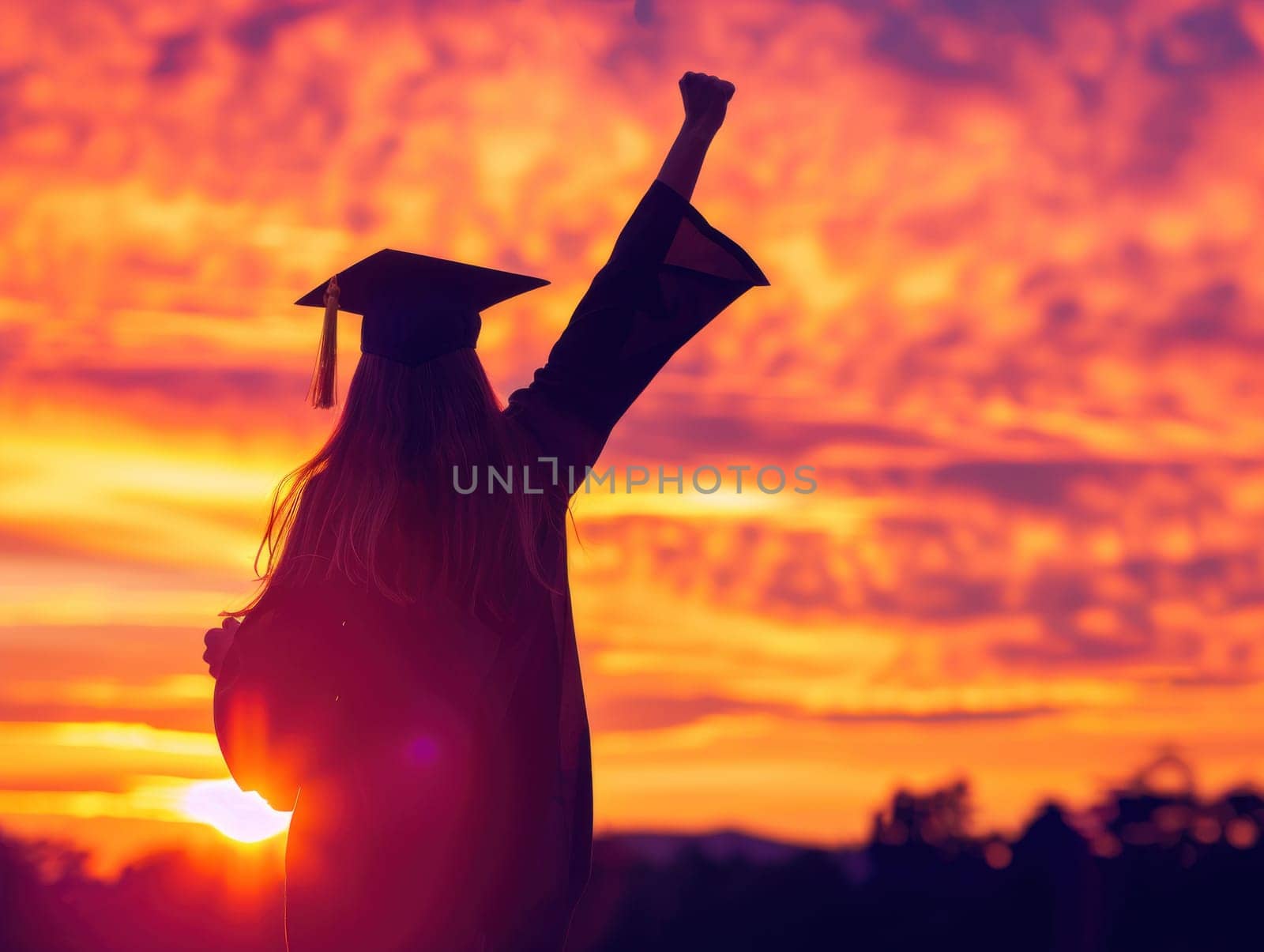 A woman in a graduation cap and gown is standing in front of a sunset by golfmerrymaker