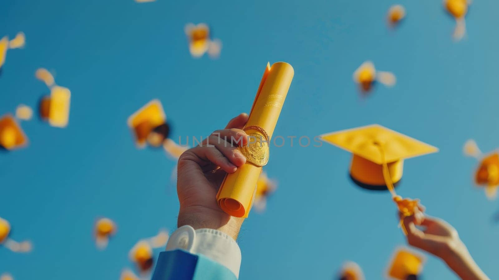 A person is holding a diploma and a cap while flying through the air by golfmerrymaker