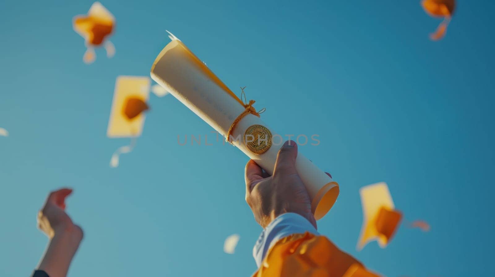 A person is holding a diploma and a cap while flying through the air by golfmerrymaker