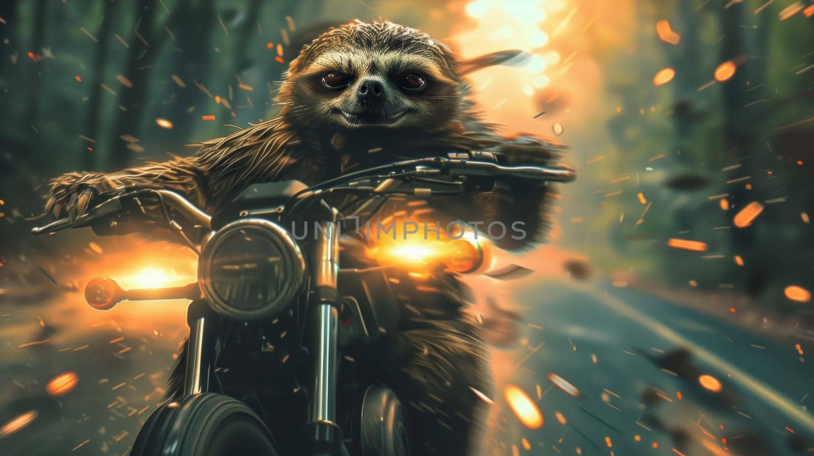 A sloth is riding a motorcycle with a helmet on.