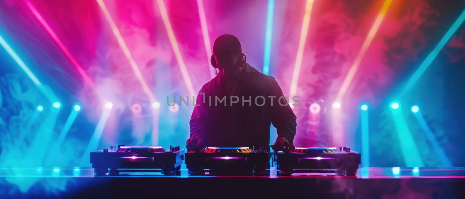 A man is playing a DJ set in front of a colorful light show.