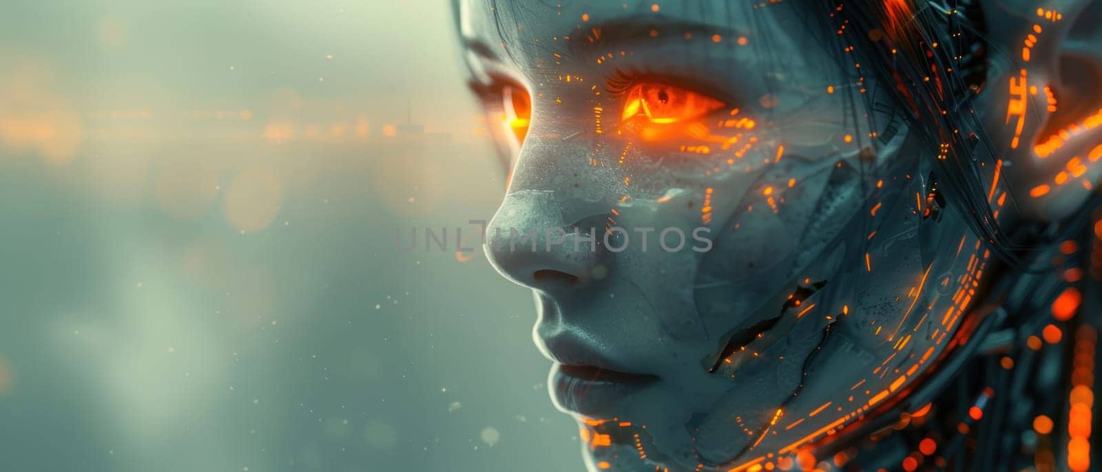 A cyborg face is covered in glowing red sparks.