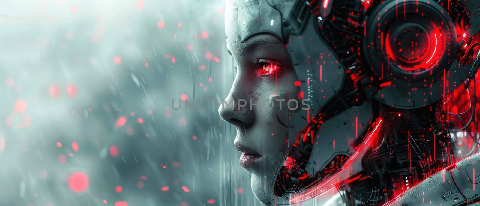 A cyborg face is covered in glowing red sparks by golfmerrymaker