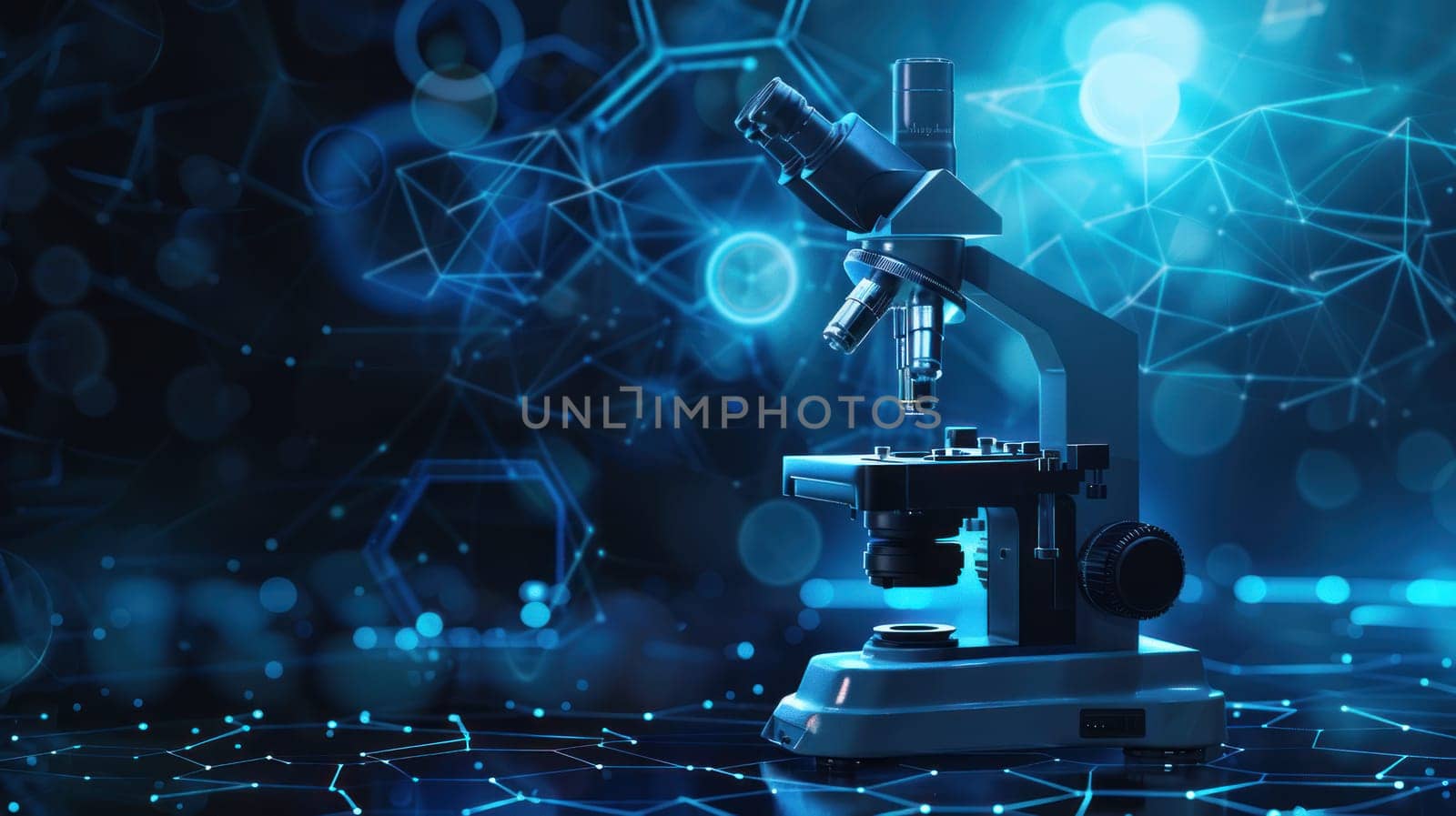 A microscope is placed on a blue background with a lot of lines and dots.