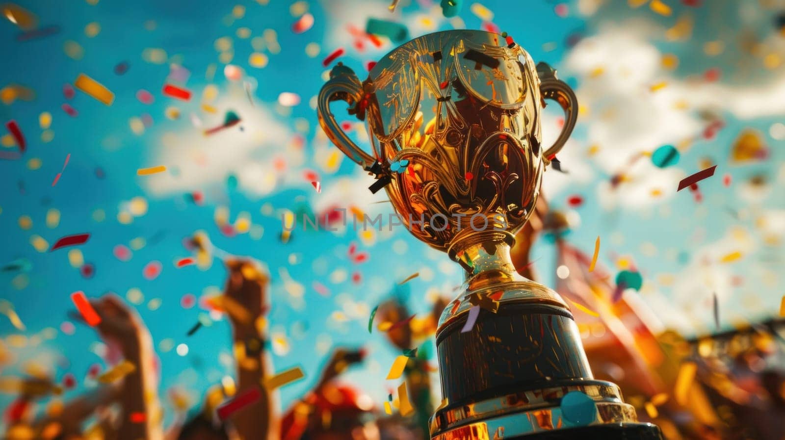 A gold trophy is being held by a person in a crowd of people.