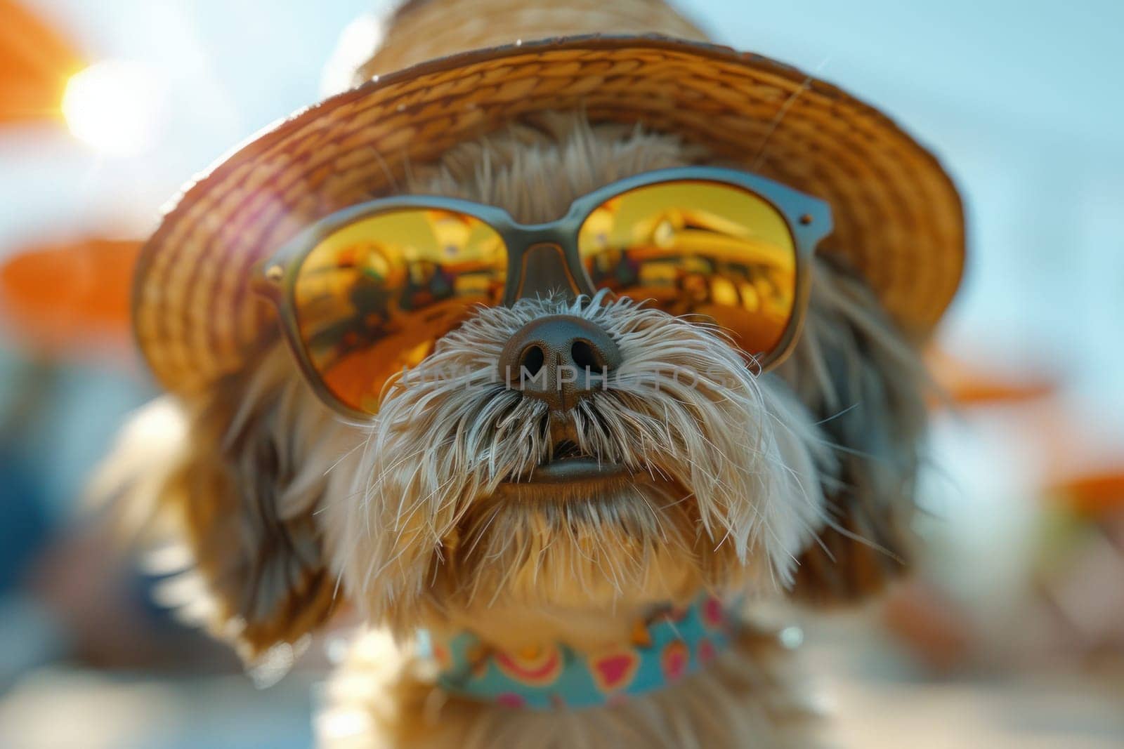 A small dog wearing sunglasses and a straw hat.