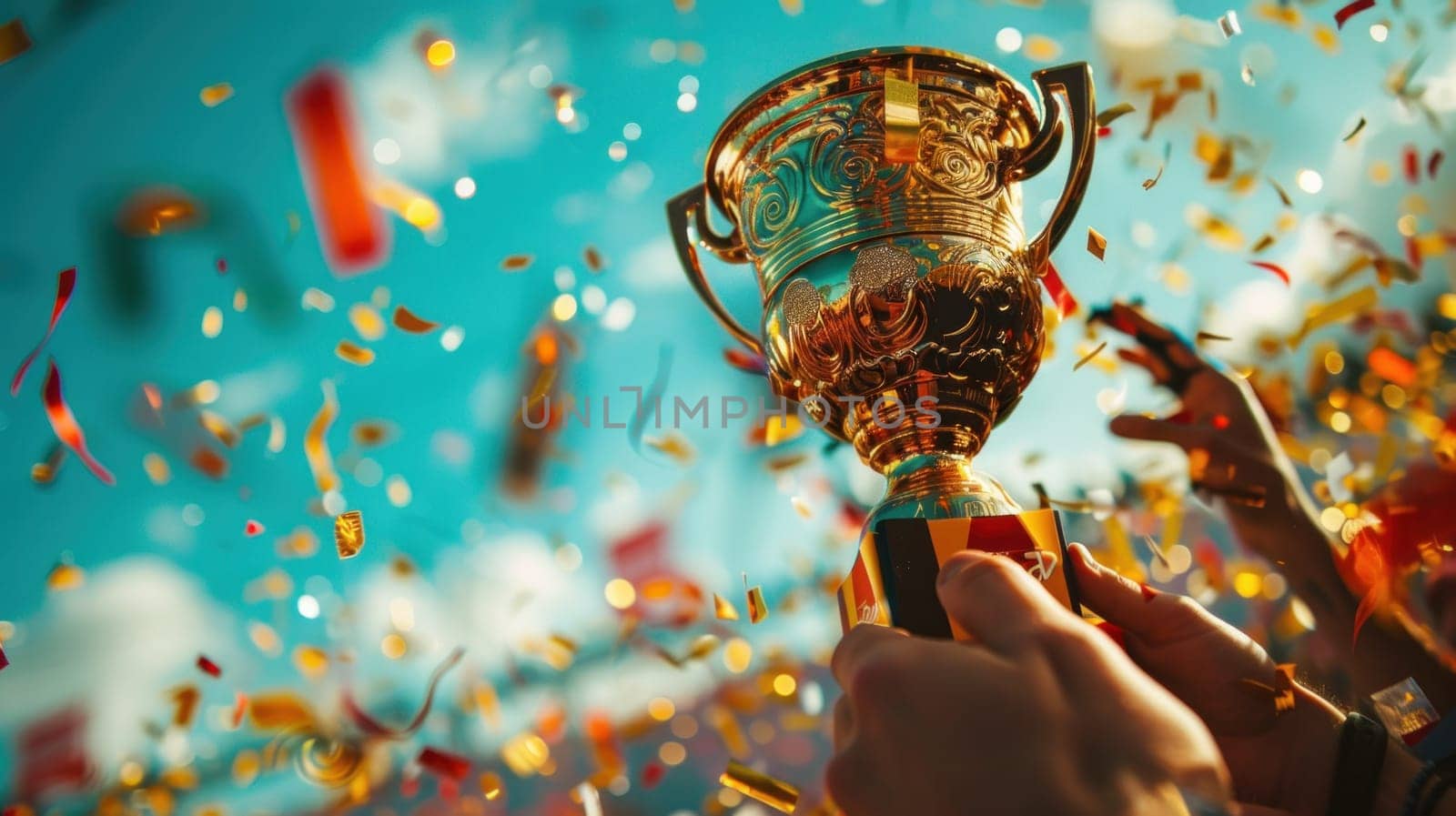 A gold trophy is being held by a person in a crowd of people.