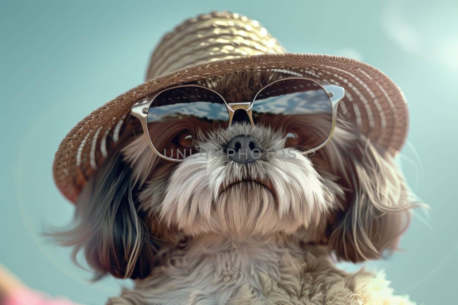 A small dog wearing sunglasses and a straw hat.