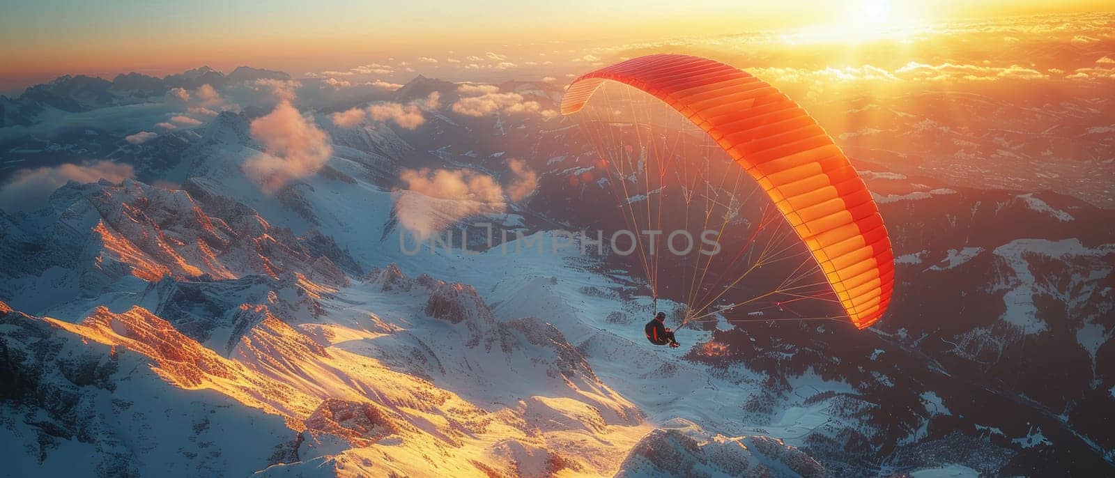 A man is flying a parachute in the sky. The sky is orange and the sun is setting