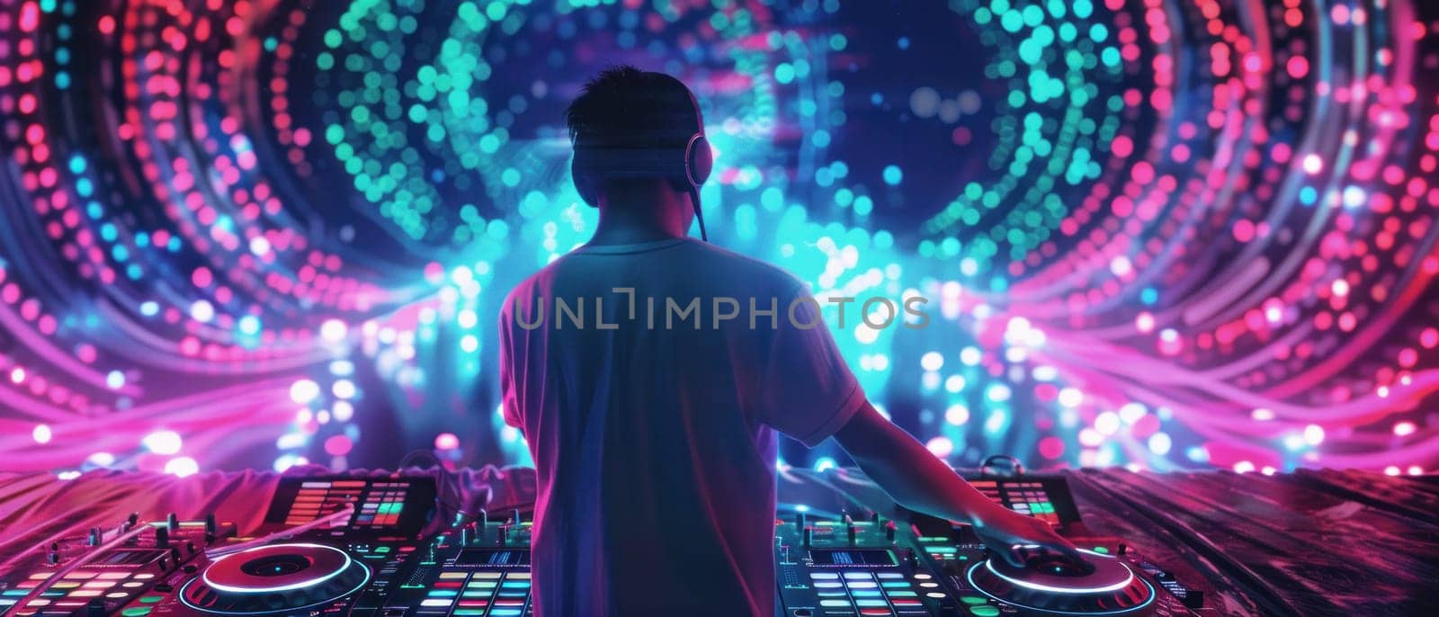 A man is playing a DJ set in front of a colorful light show.