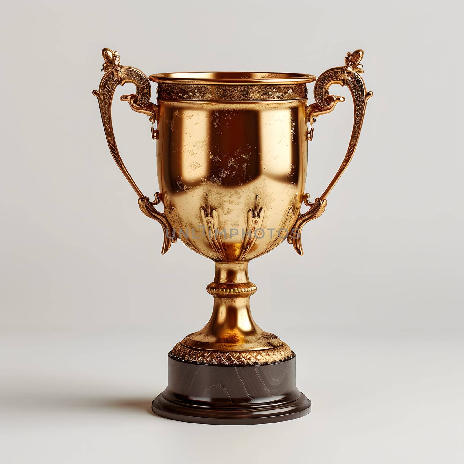 An elegant gold trophy rests on a clean white surface, showcasing its intricate design and craftsmanship as a stunning piece of art and fashion accessory