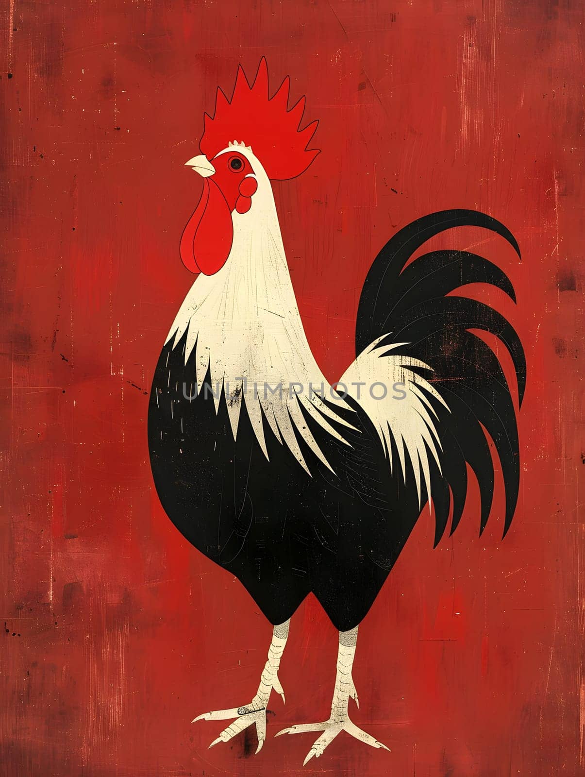 Black and white rooster with red comb on background by Nadtochiy