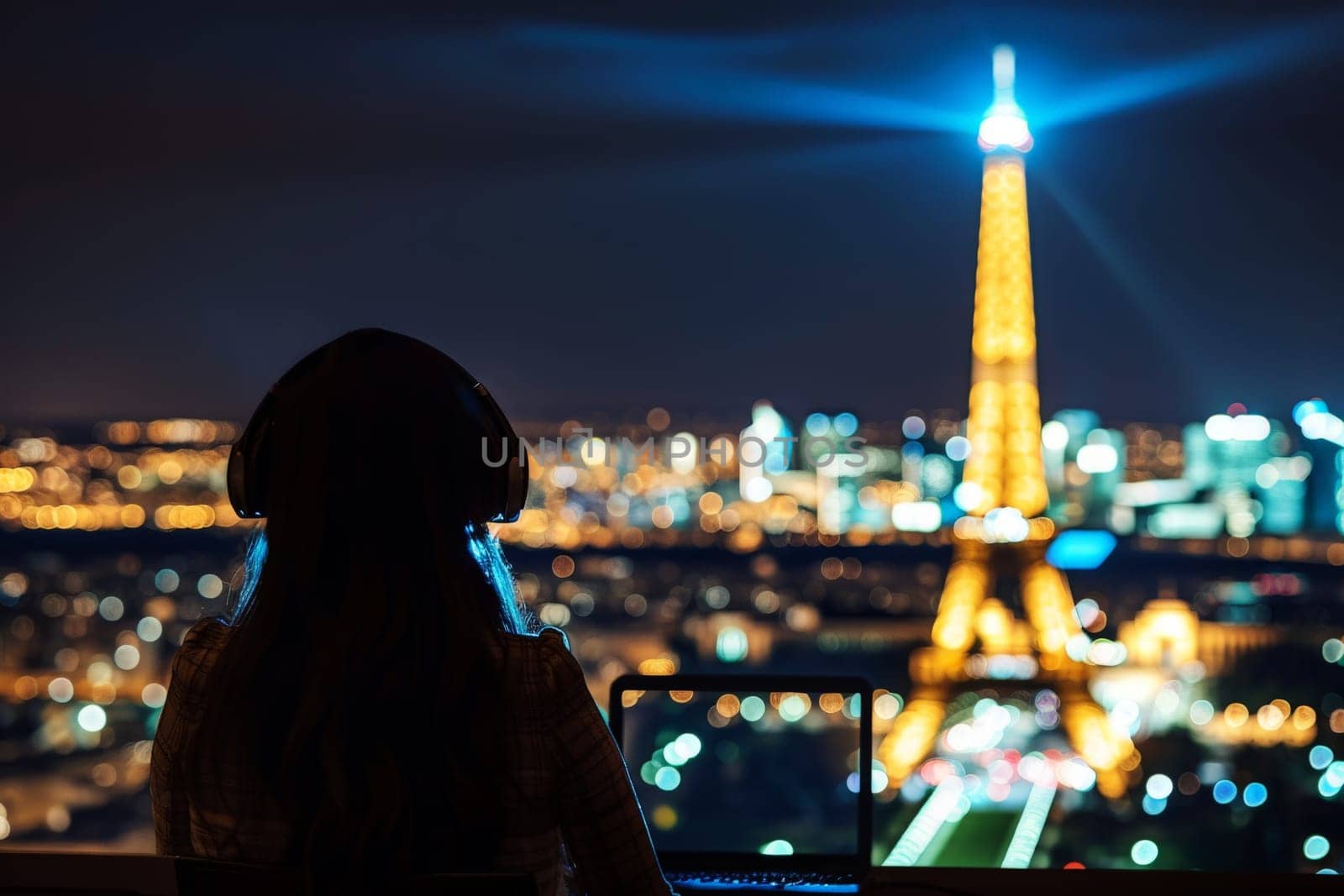 Woman podcaster recording audio podcast on Eiffel tower Paris background. Generative Ai.