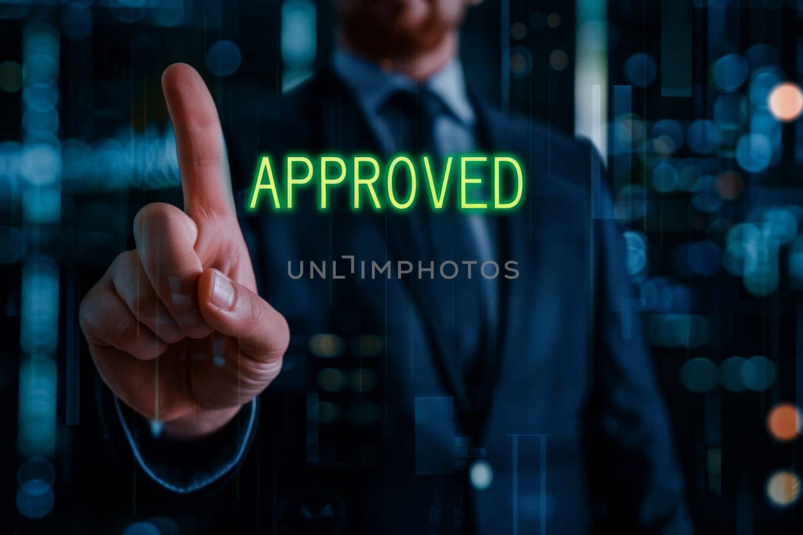 A businessman in a dark blue suit points at Approved notification sign . Generative AI by matamnad