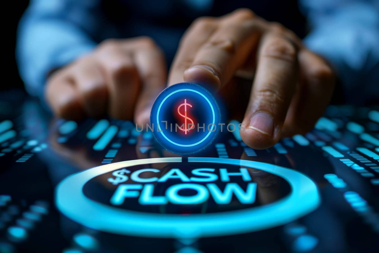 A businessman in a dark blue suit points at cash flow notification sign . Generative AI by matamnad