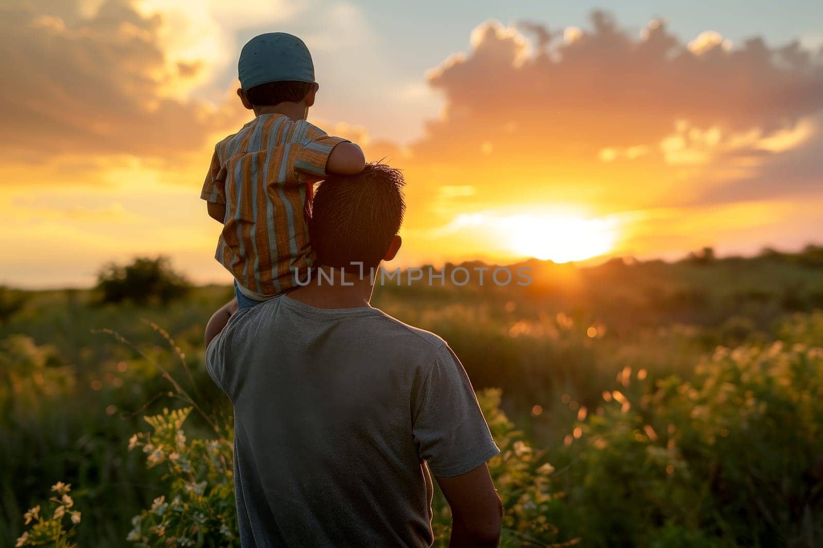 Father holding his son on his shoulders while walking outdoors, Father's Day concept, generative ai.