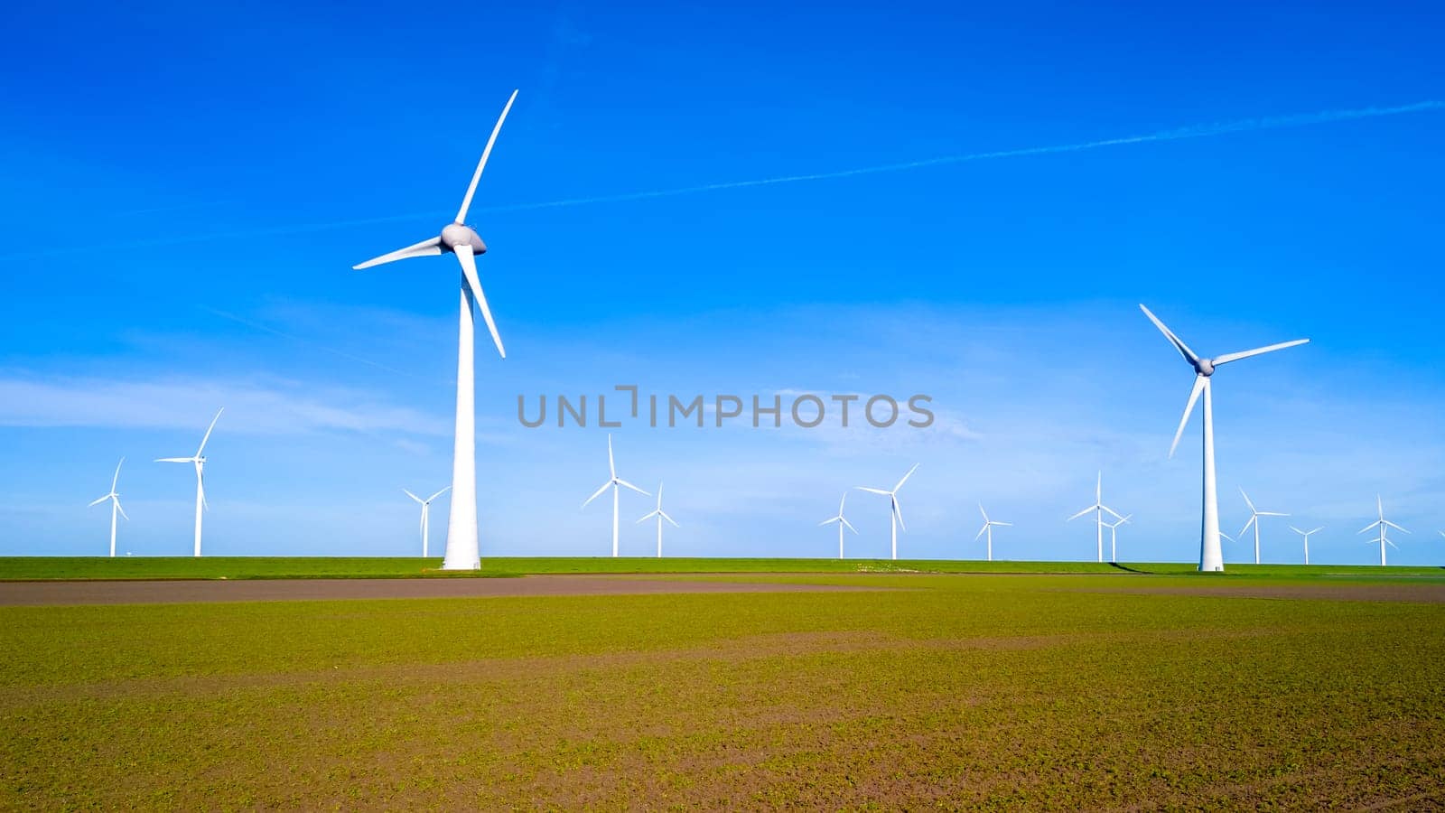 A group of sleek wind turbines stand tall in a vibrant field in Flevoland, harnessing the power of the wind on a sunny spring day. windmill turbines
