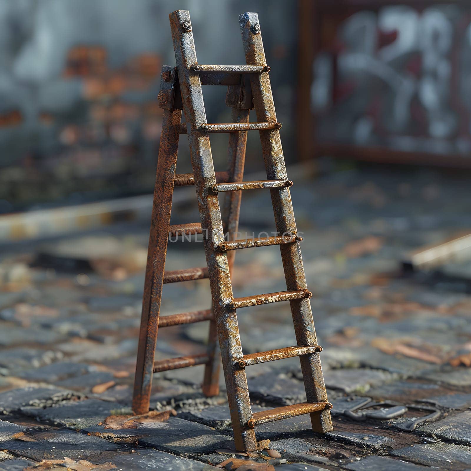 A wooden ladder is propped up on a cobblestone street. The rusty metal rungs form a triangular shape, creating a visual arts scene resembling still life photography in the darkness