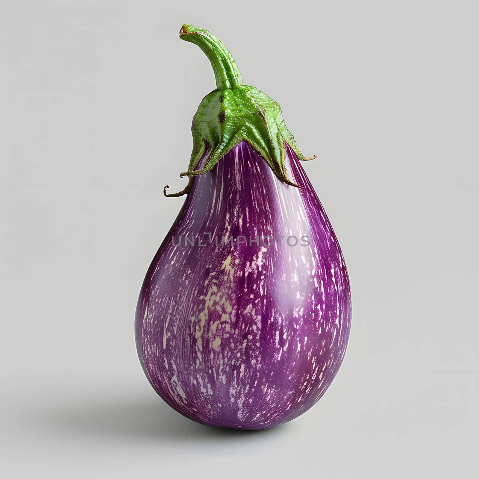 A staple food ingredient, the purple eggplant is a natural food plant with a magenta flowering produce. Its green stem stands out against a gray background