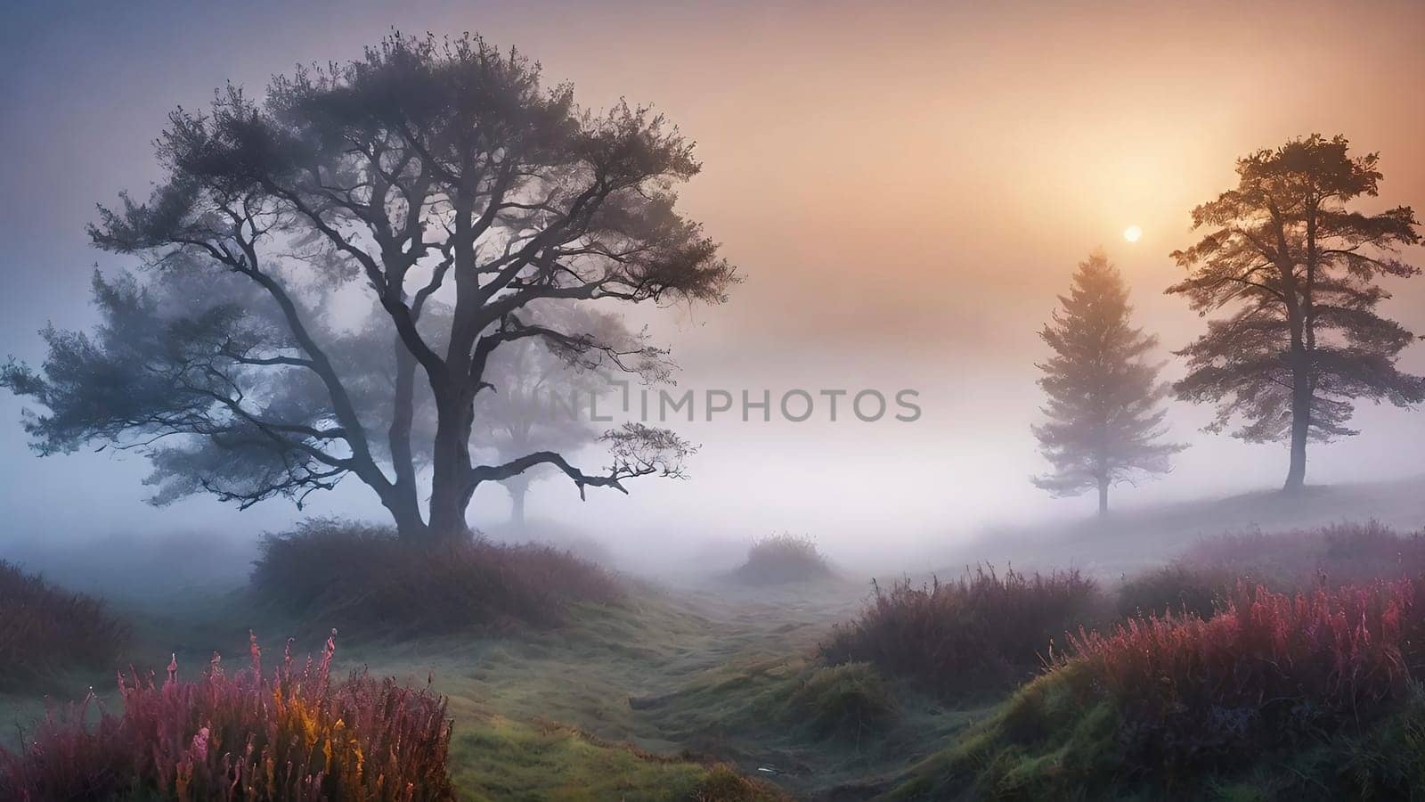 Beautiful landscape image of a misty sunrise over a tree in the countryside. by yilmazsavaskandag