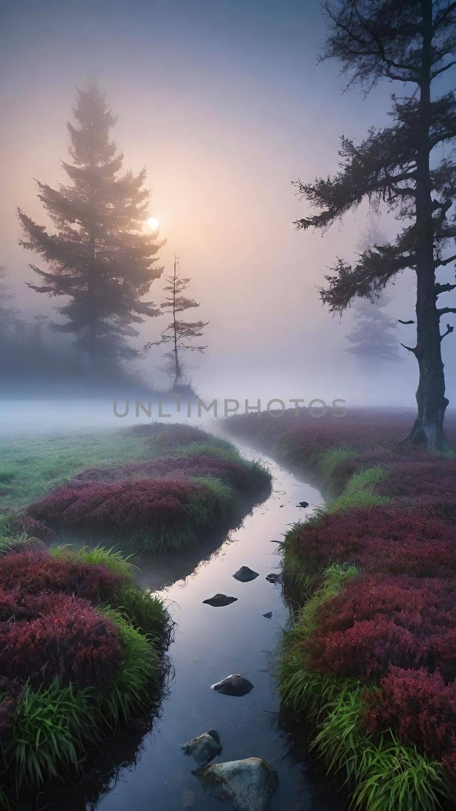 Beautiful landscape image of a misty sunrise over a tree in the countryside.Sunrise in a misty forest in the autumn.Foggy misty forest in the morning.A misty sunrise over a stream flowing through a forest in autumn.