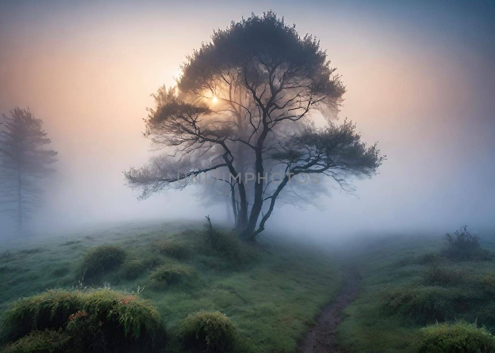 Beautiful landscape image of a misty sunrise over a tree in the countryside. by yilmazsavaskandag