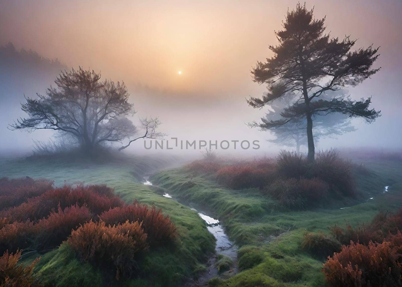 Beautiful landscape image of a misty sunrise over a tree in the countryside.Sunrise in a misty forest in the autumn.Foggy misty forest in the morning.A misty sunrise over a stream flowing through a forest in autumn.