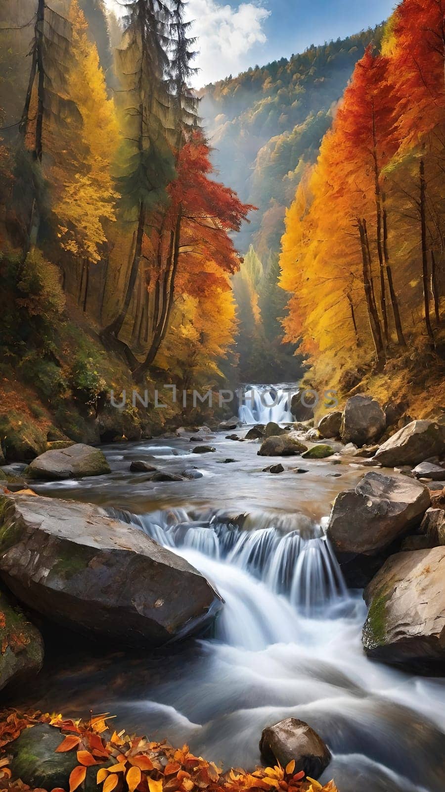 Autumn landscape with beautiful waterfall and yellow leaves in the forest. by yilmazsavaskandag