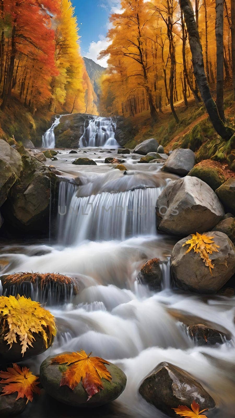 Autumn landscape with beautiful waterfall and yellow leaves in the forest.Autumn forest with a mountain stream.