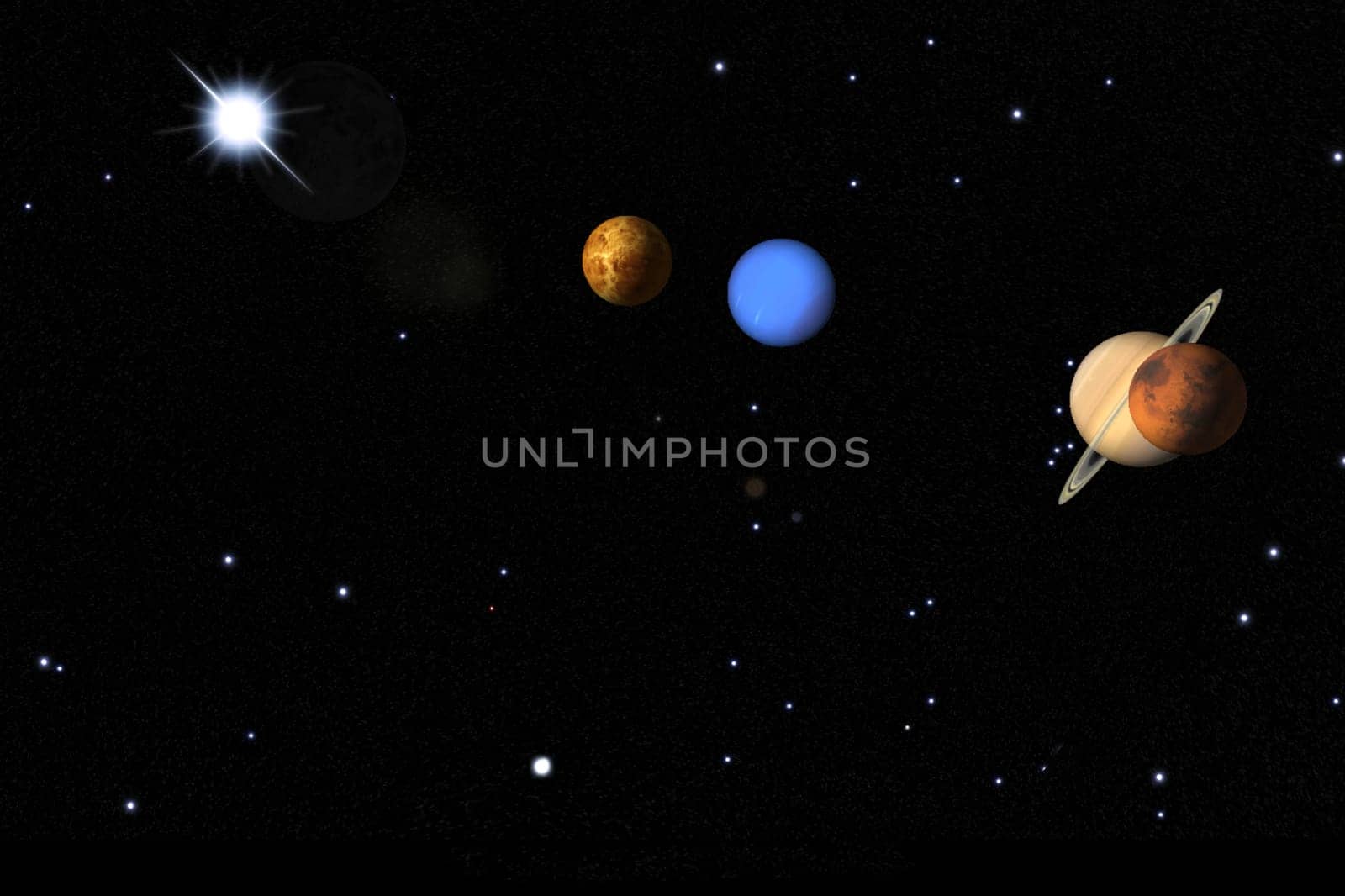 Planets of the solar system in space against the starry sky.Planets of the Solar System in the Universe. 3D rendering