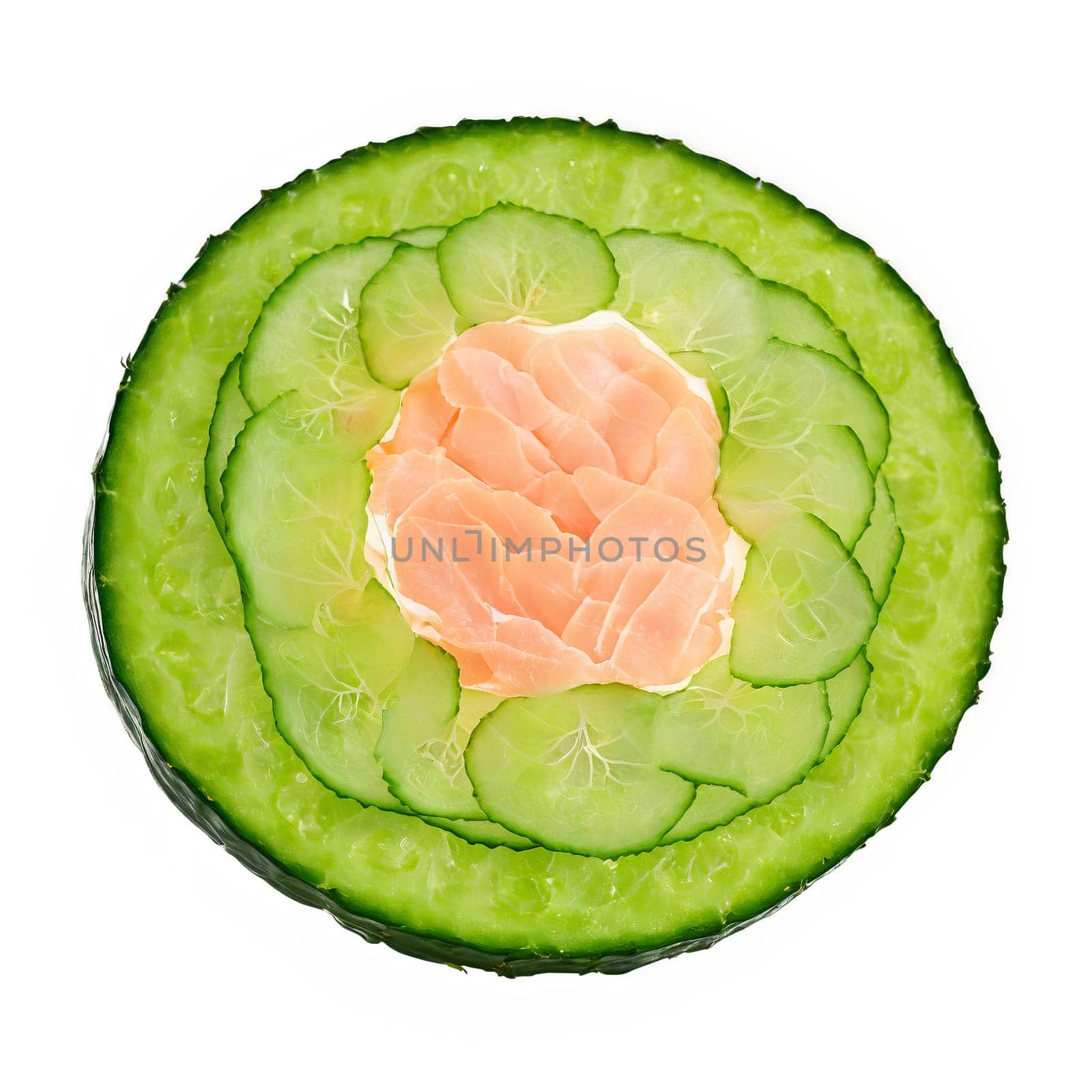 Smoked salmon thinly sliced draped over a crisp cucumber round topped with a dollop of by panophotograph