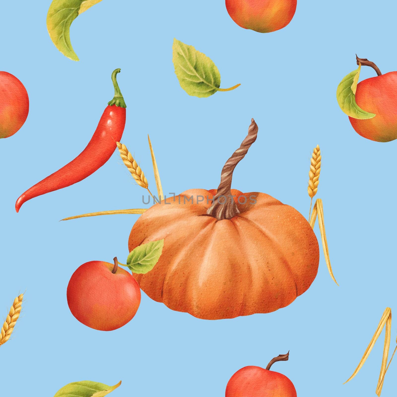 Seamless pattern of Pumpkins, apples, leaves, chili and spikelets. Watercolor illustration. Autumn harvest. Delicious ripe vegetable. Vegetarian raw food. Blue background. For notebooks, textbooks. by Art_Mari_Ka