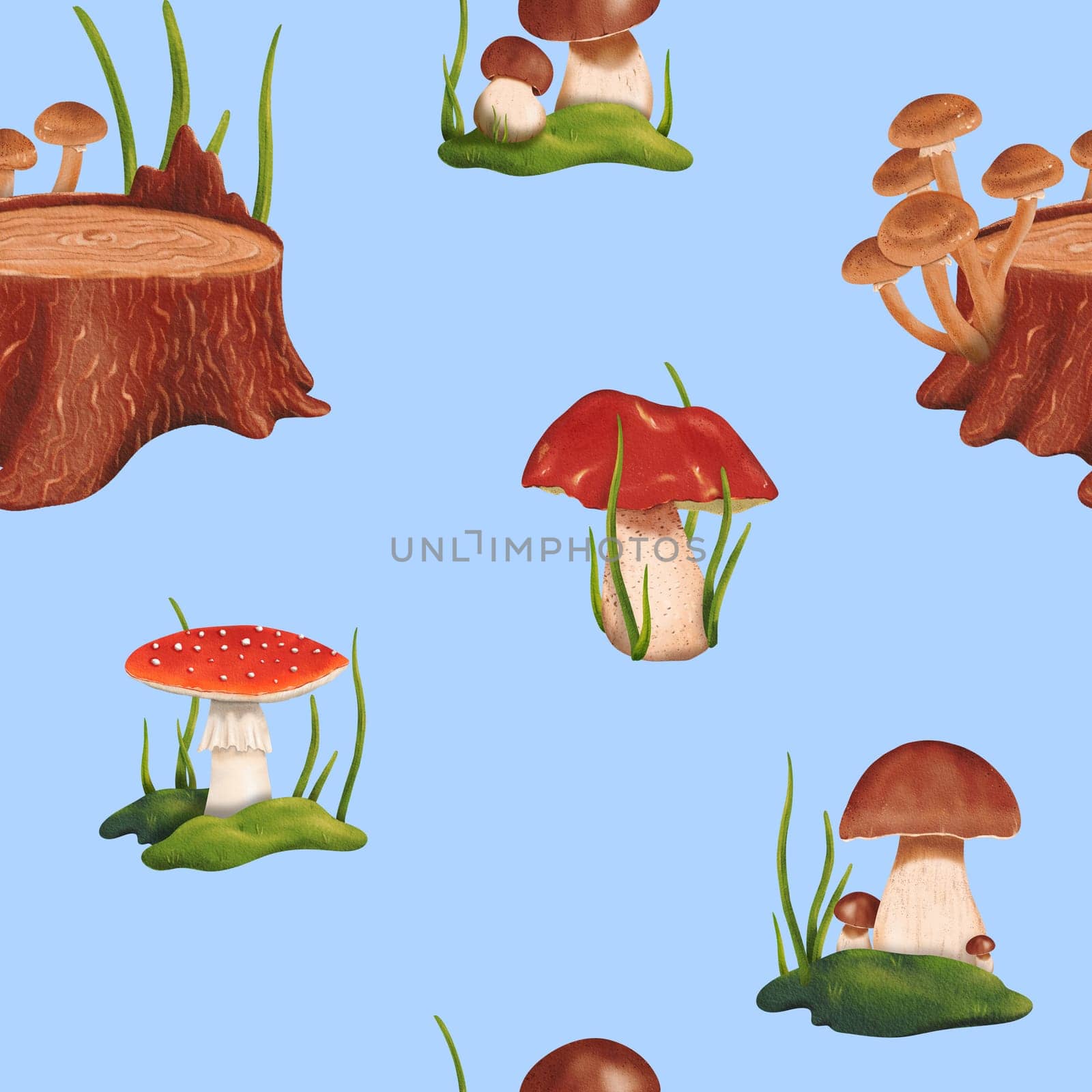 Seamless woodland pattern. Forest glade. a mushroom picker's dream. Edible penny bun and porcini mushrooms. Dangerous and poisonous fly agaric. Autumnal watercolor illustration Blue background by Art_Mari_Ka