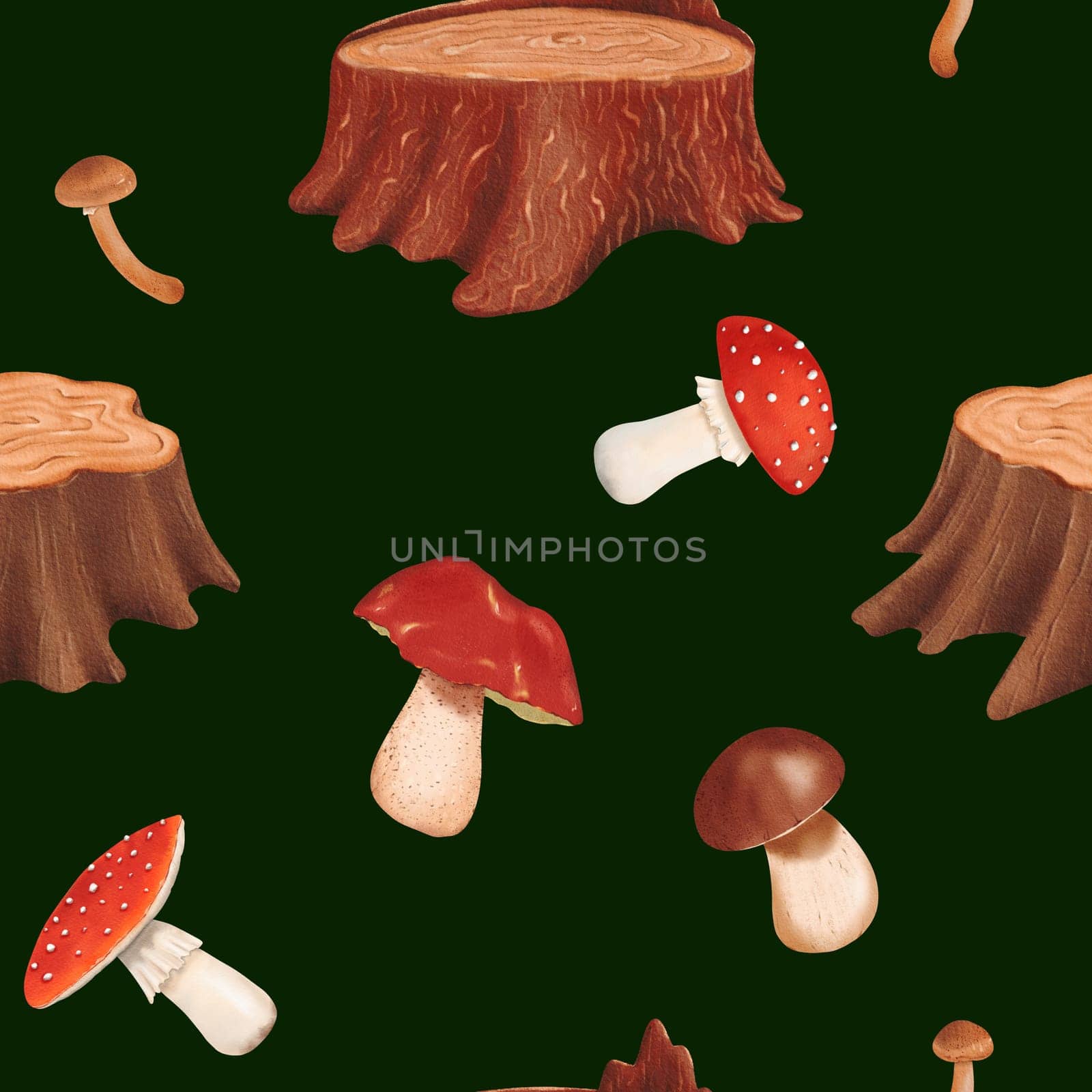 Woodland seamless pattern featuring aged textured tree stumps and various mushrooms. Edible penny bun and delicious porcini mushrooms. Dangerous poisonous fly agaric. Dark background by Art_Mari_Ka