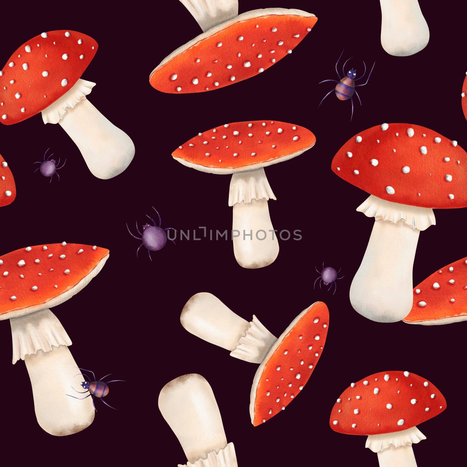 watercolor seamless pattern. poisonous fly agaric mushrooms with spiders, forest fungi. Dark background children's wallpapers, stationery, covers, and wrapping paper. Halloween atmosphere by Art_Mari_Ka