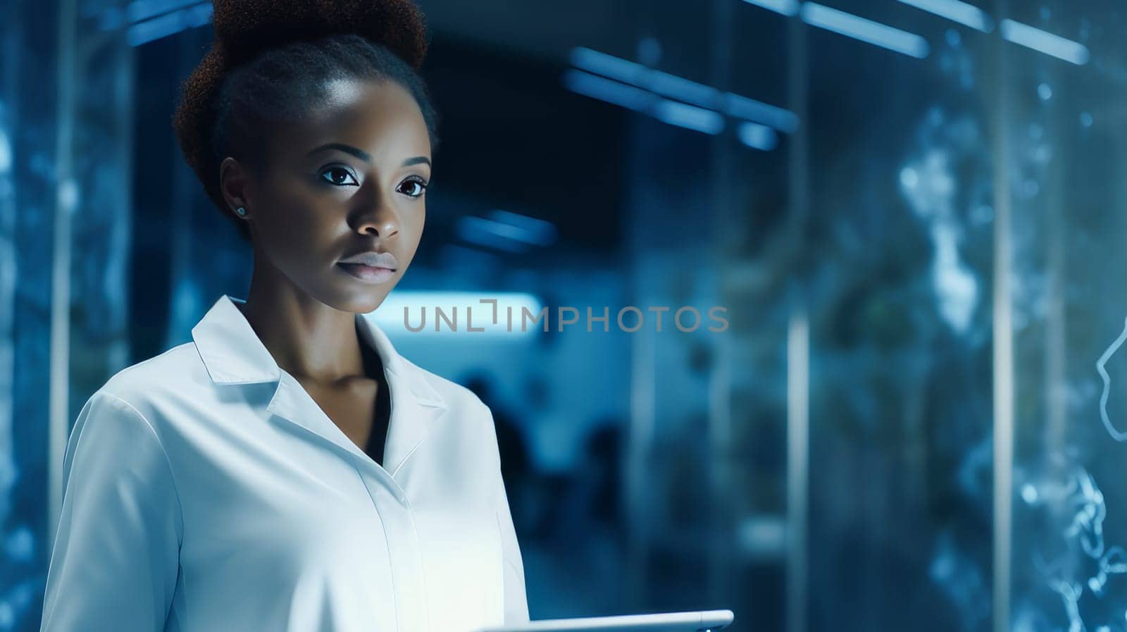 A dark-skinned African American woman in a medical modern bright hospital with modern equipment, where a person undergoes an by Alla_Yurtayeva