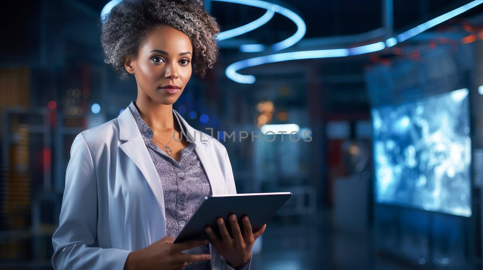 Doctor woman dark-skinned African American in a modern light-colored medical hospital with modern equipment, new technologies. Hospital, medicine, doctor and pharmaceutical company, healthcare and health insurance.