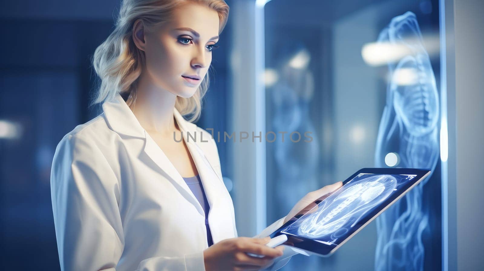 Doctor woman in a modern bright room in a medical hospital with modern equipment, new technologies. Hospital, medicine, doctor and pharmaceutical company, healthcare and health insurance.