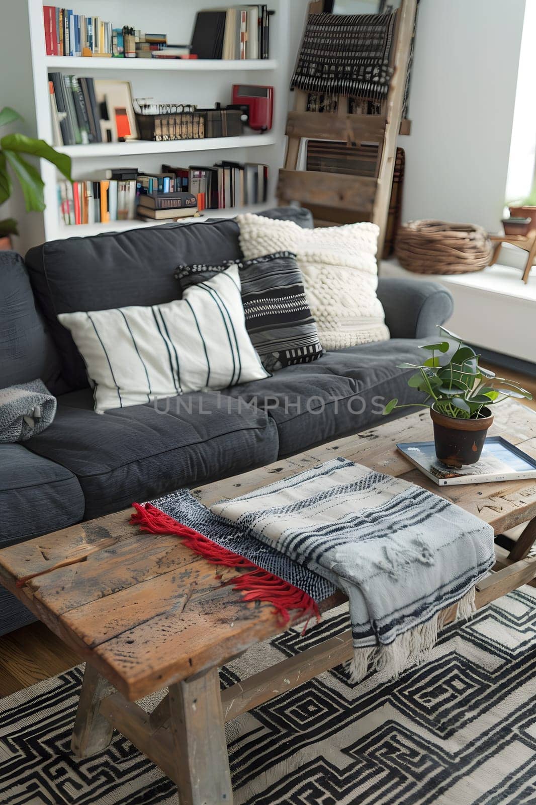 The living room is furnished with a wooden couch and a rectangular coffee table. A plant adds a touch of green to the interior design of the room