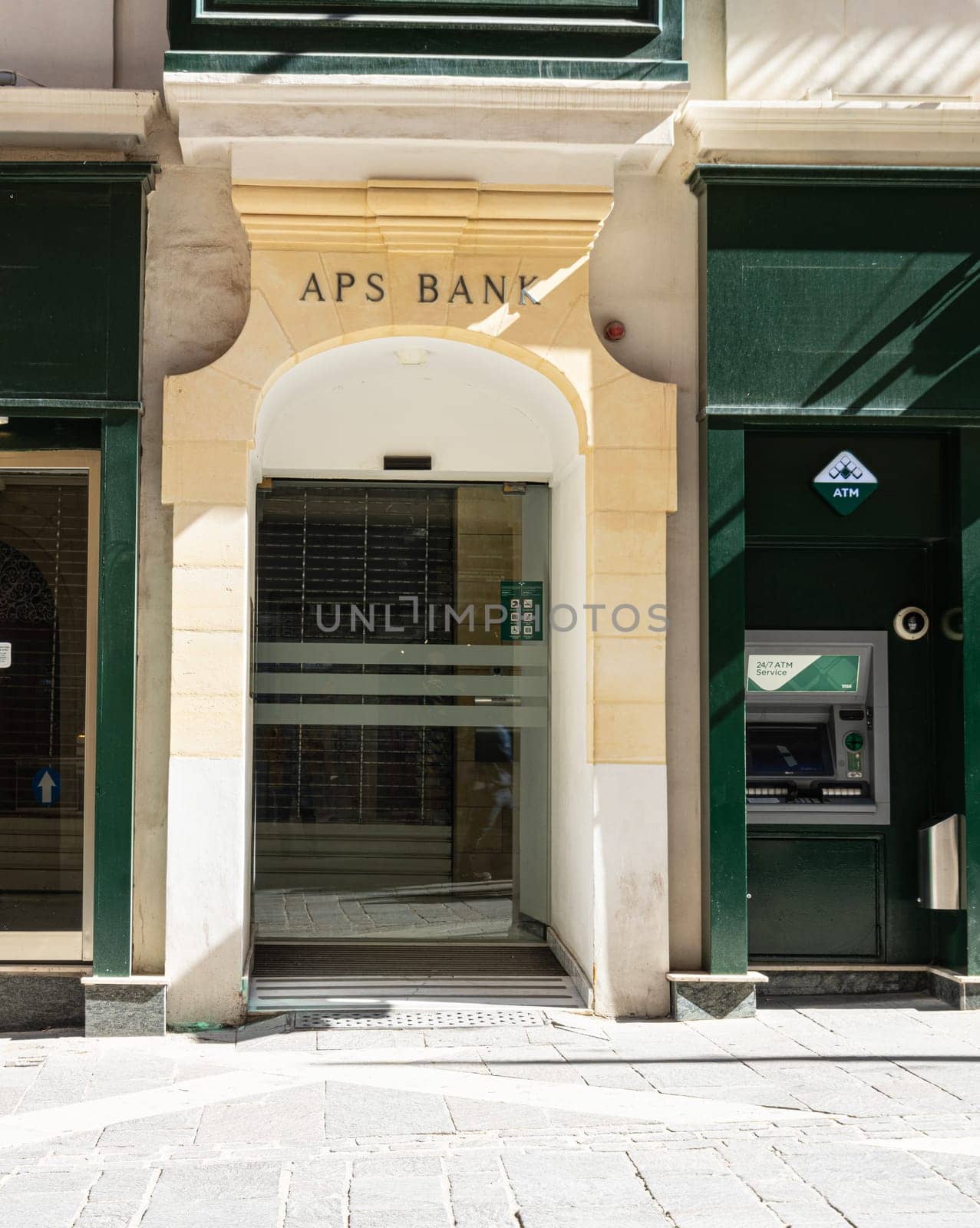 Valletta, Malta, April 03, 2024. External view of the APS Bank branch entrance in the city center