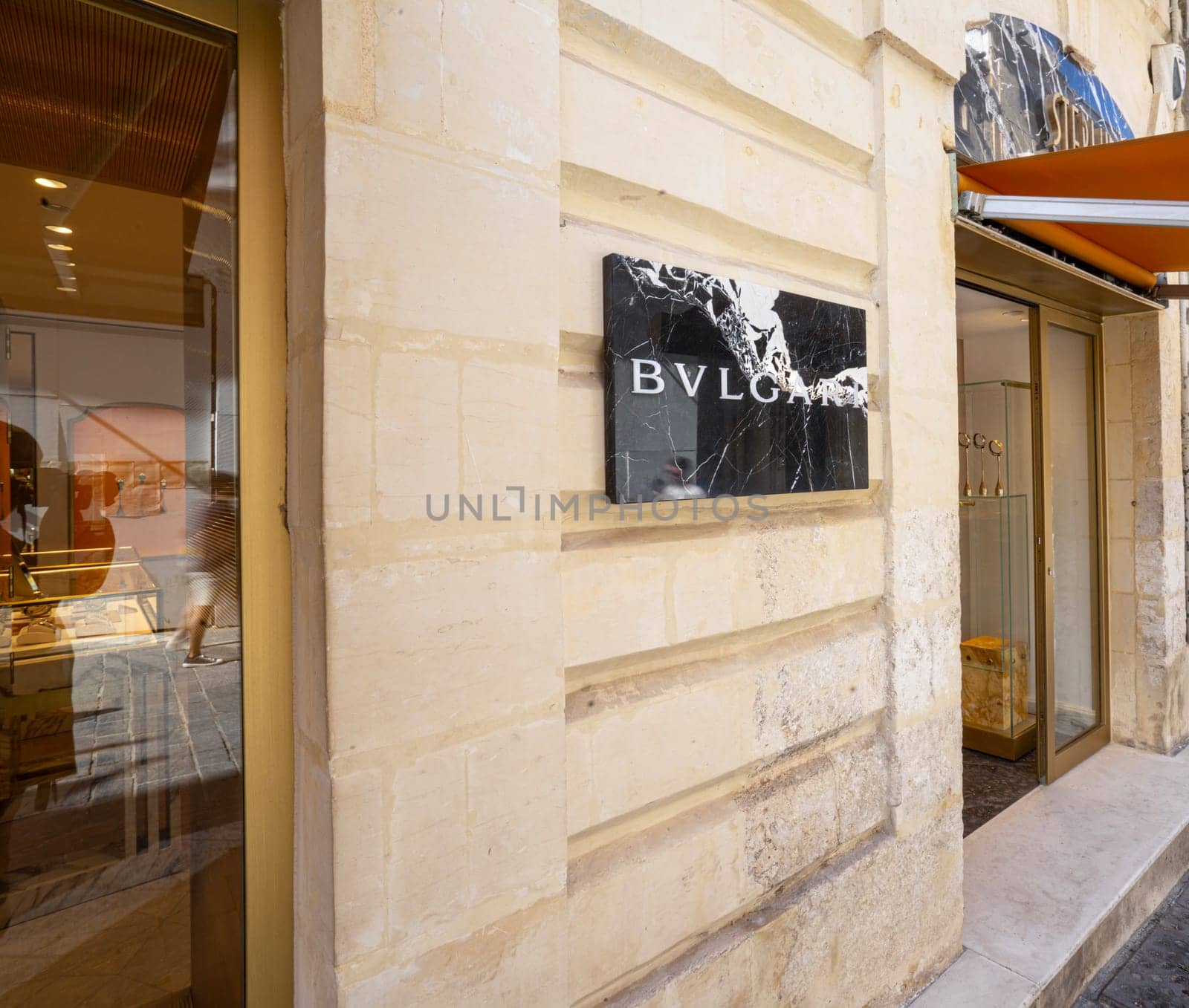 Valletta, Malta, April 03, 2024. The bulgari luxury brand sign in a shop of the city city center