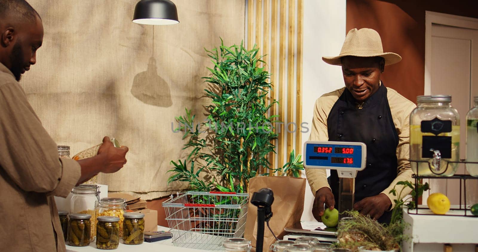 Merchant weighting fruits and vegetables for regular client, serving him with freshly harvested produce at farmers market checkout. African american seller scanning organic goods for buyer. Camera 2.