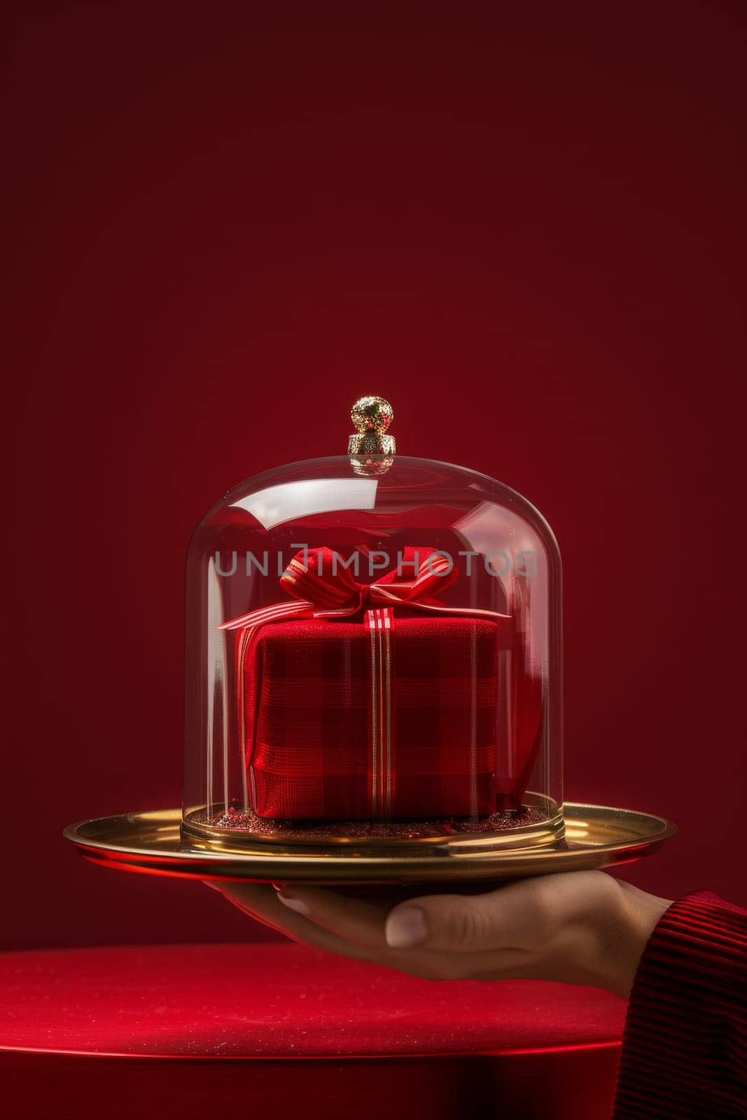 A person is holding a red box with a bow on top of a gold tray. The image has a warm and festive mood, suggesting that it could be a gift for a special occasion