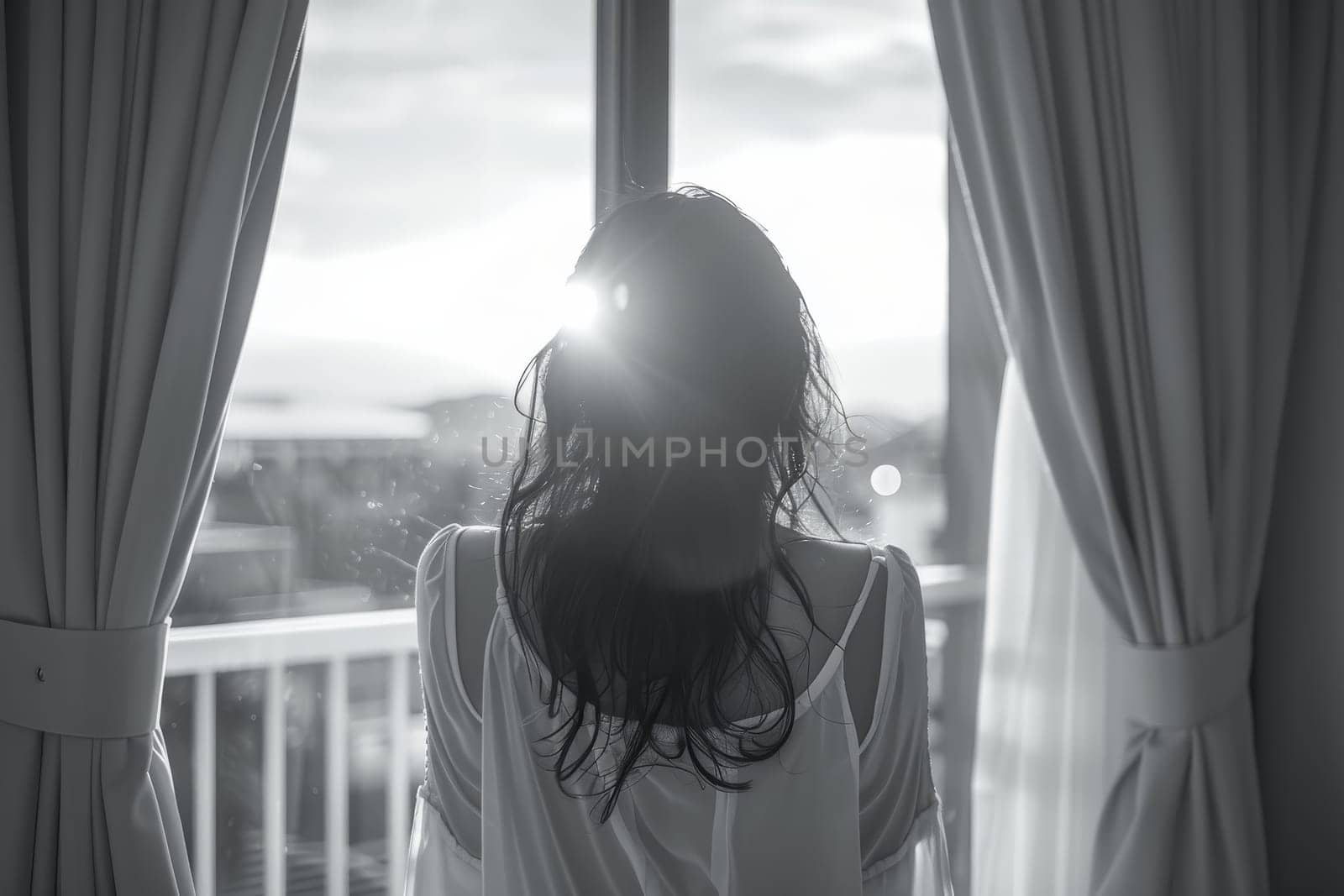 A woman is sitting on a bed whit beautiful view by itchaznong