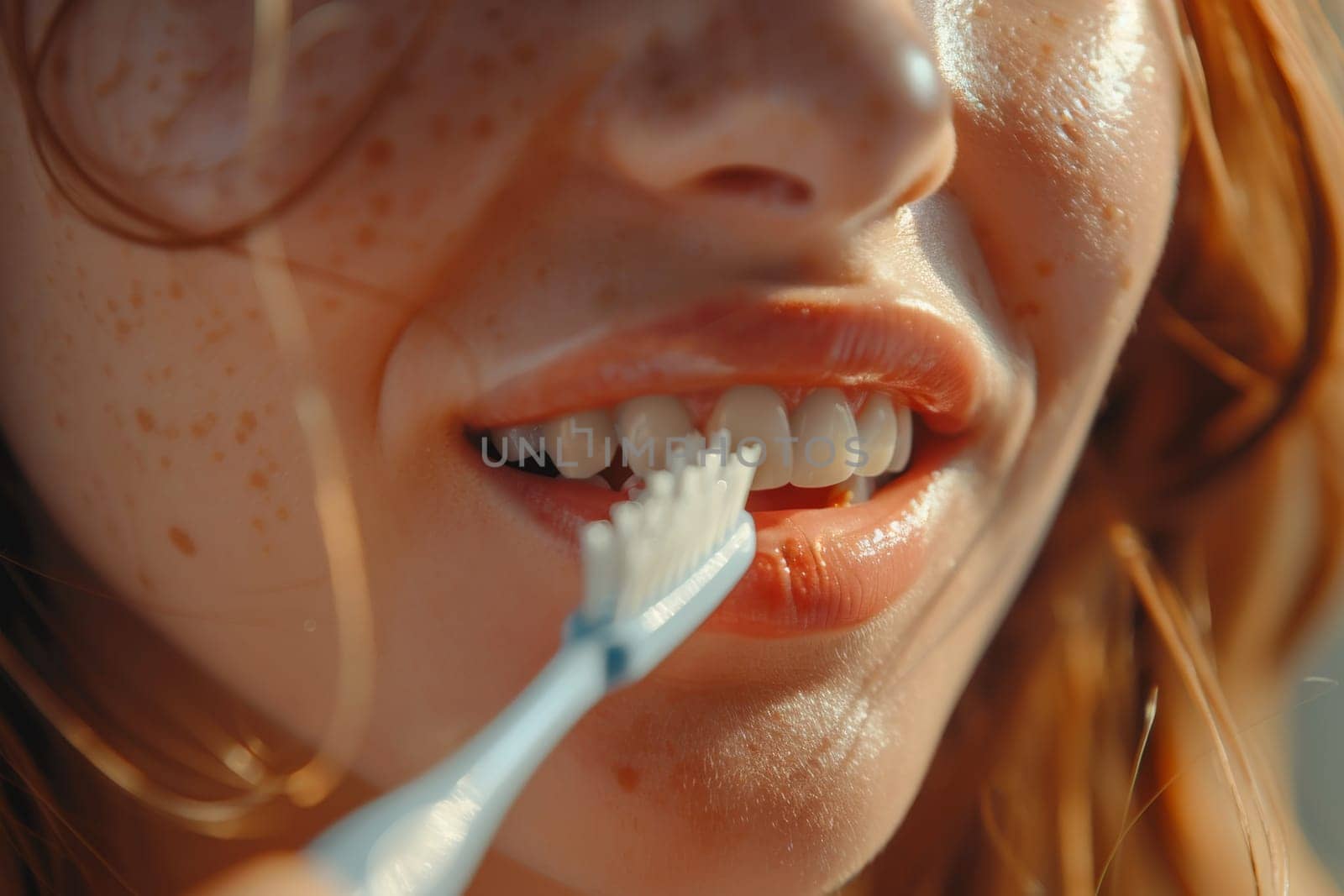 A woman is brushing her teeth with a toothbrush. She has a smile on her face, indicating that she is happy and content