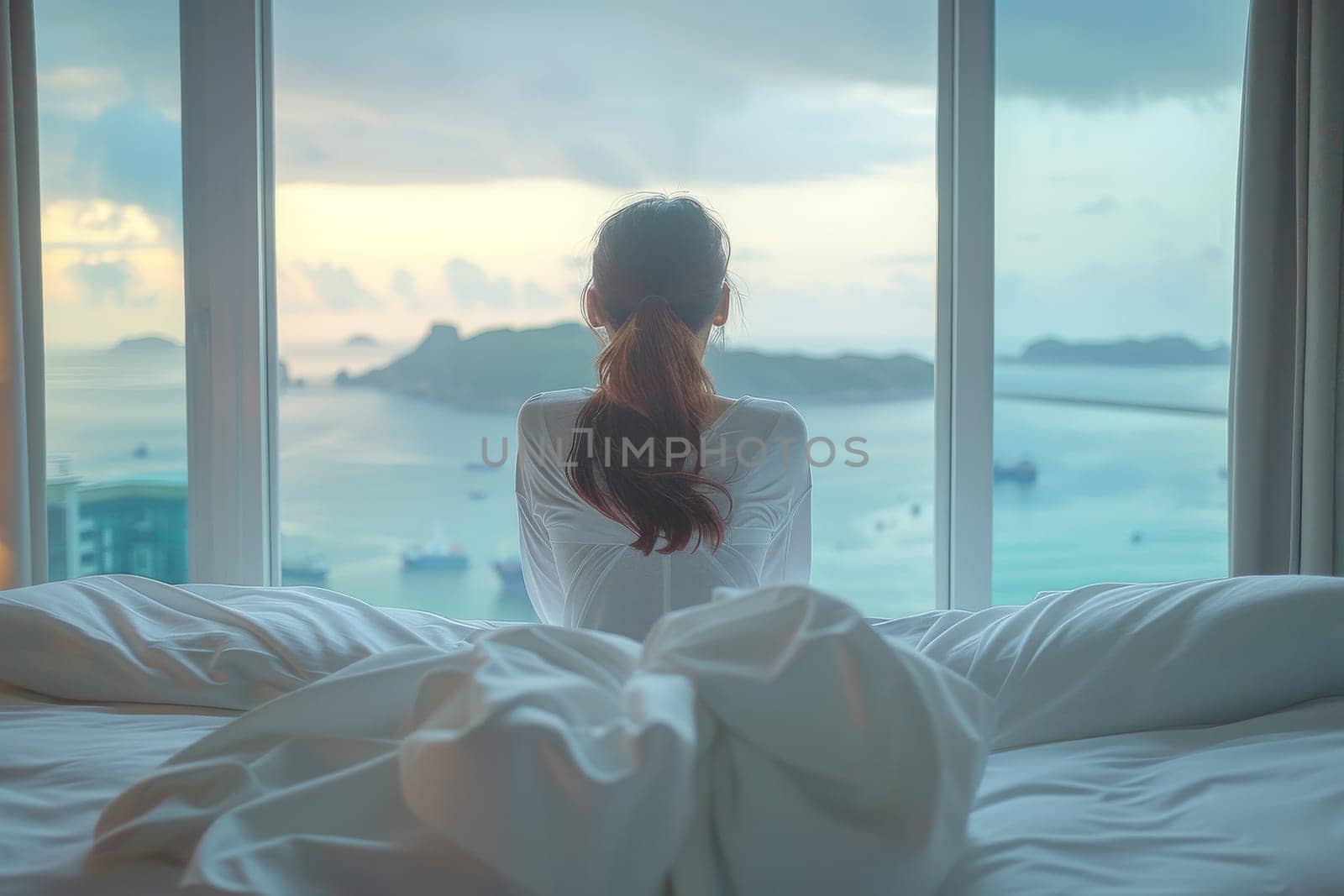 A woman is sitting on a bed whit beautiful view by itchaznong