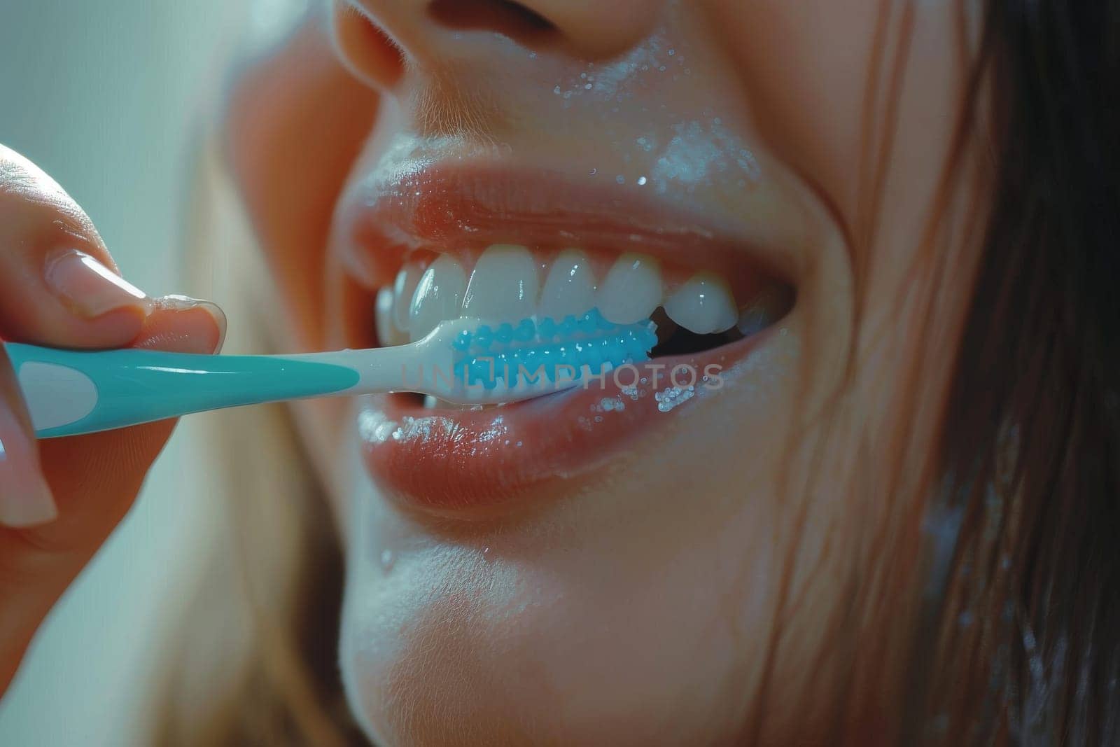 A woman is brushing her teeth with a blue toothbrush. She has a smile on her face, indicating that she is happy and content
