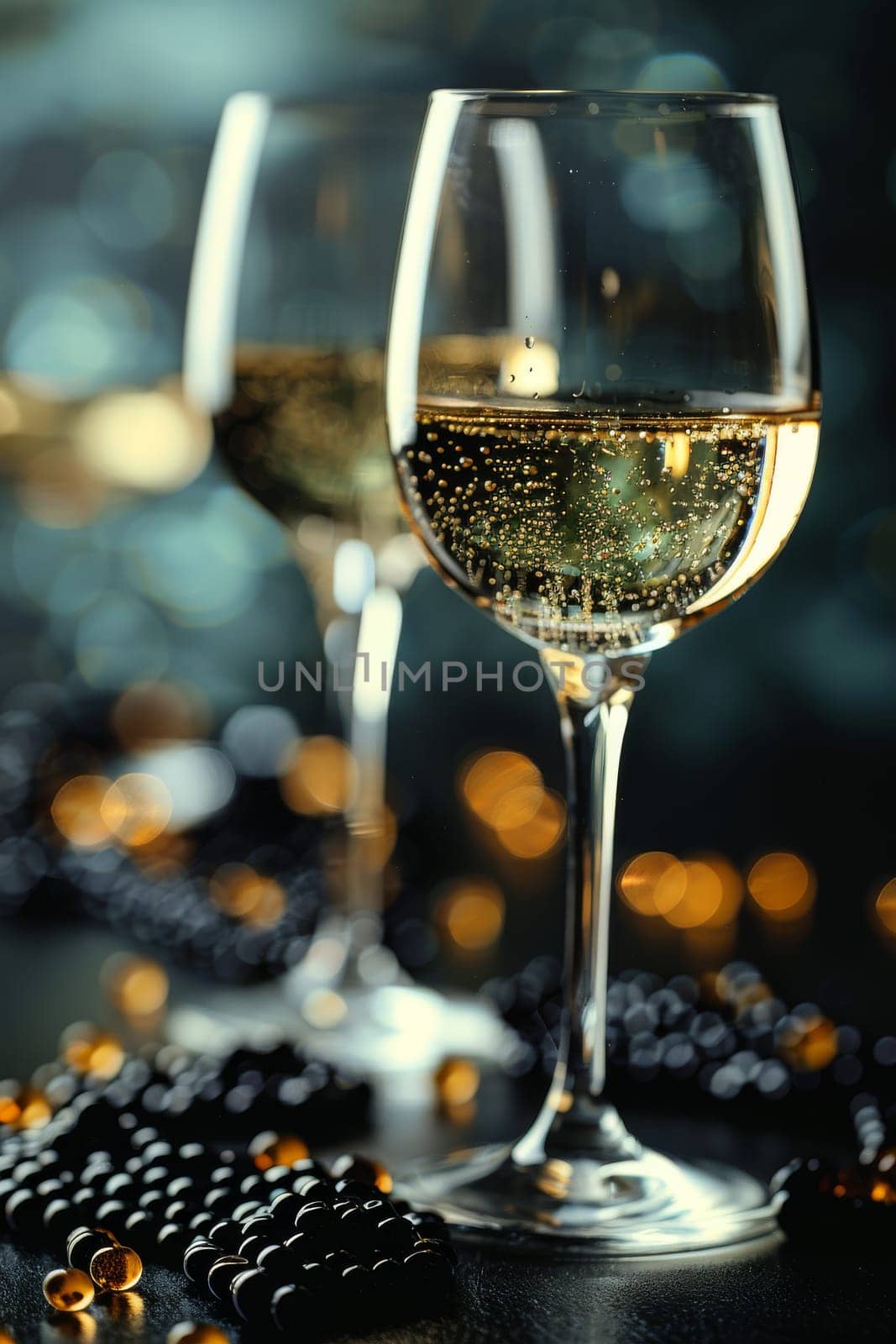 Two wine glasses filled with sparkling wine on a dark background. The wine glasses are placed close to each other, and the wine inside them is bubbly and effervescent