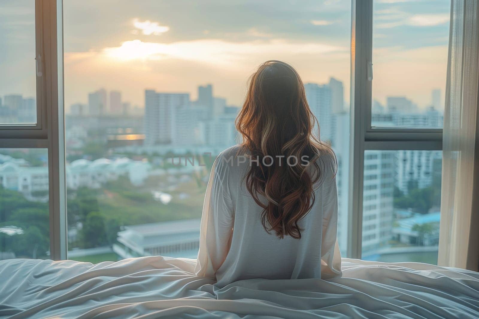 A woman is sitting on a bed with her back to the camera. She is wearing a white robe and she is relaxed. The room has large windows that let in natural light